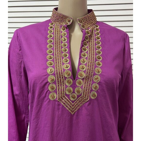 Tory Burch Women Top Tunic Blouse Size 6 Magenta Gold Embroidery Long Sleeves - Picture 2 of 16